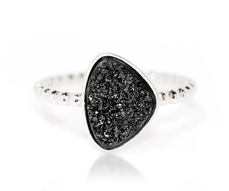 Women’s gemstone rings-Trillion Black Druzy Ring