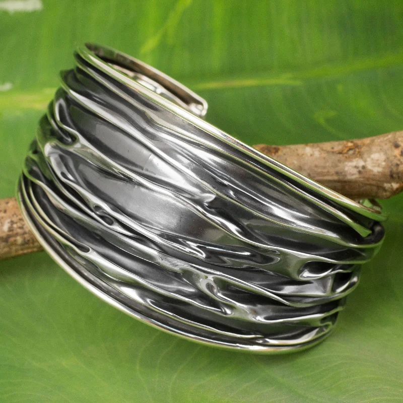 Women’s luxury bracelets-Wide River Textured Sterling Silver Cuff Bracelet Crafted by Hand