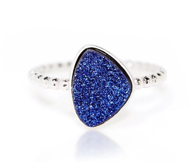 Women’s ruby rings-Trillion Sapphire Blue Druzy Ring