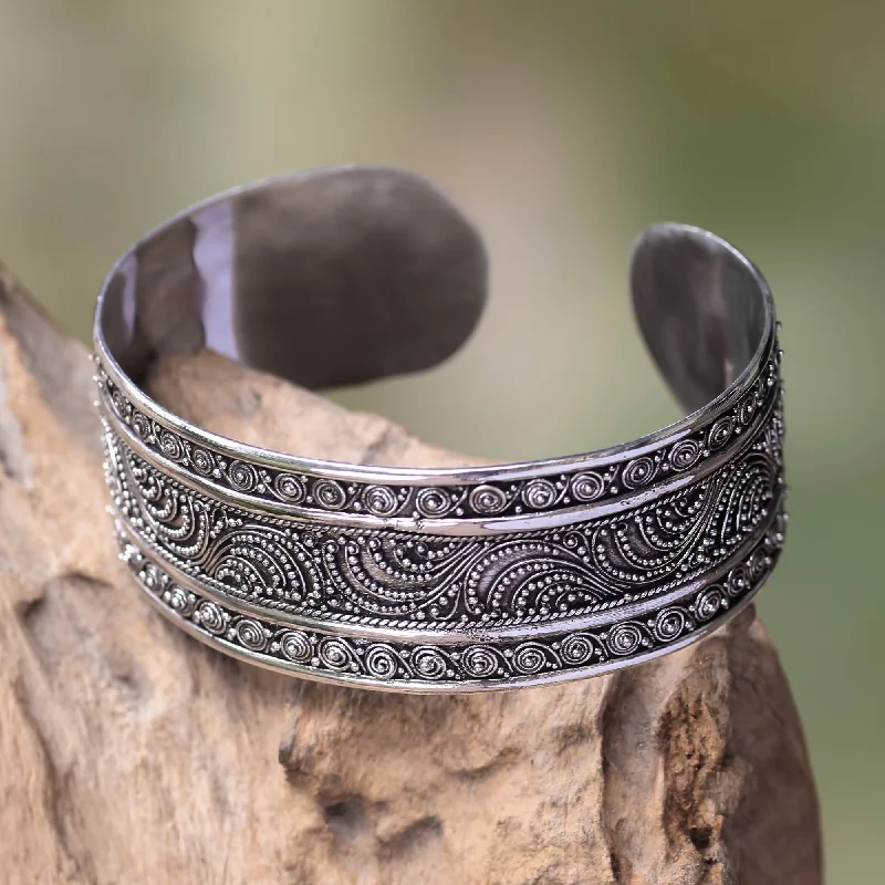 Women’s diamond bangles-Dancing Waves Fair Trade Sterling Silver Cuff Bracelet Crafted by Hand