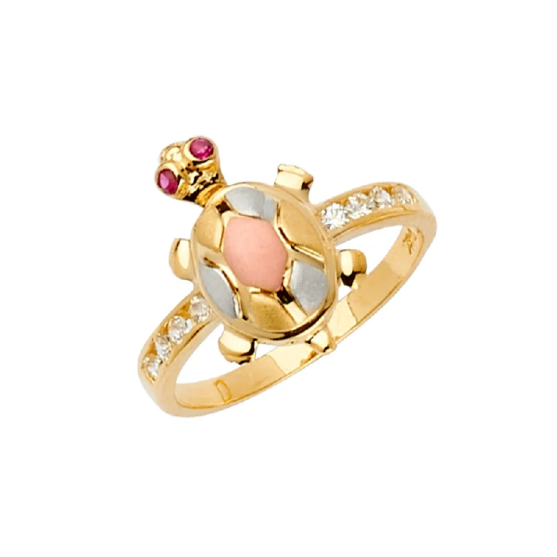 Women’s modern rings-14K Solid Gold CZ Turtle Good Luck Charm Ring