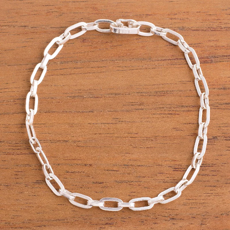 Women’s simple silver bracelets-Minimalist Flair High-Polish Sterling Silver Link Bracelet from Peru