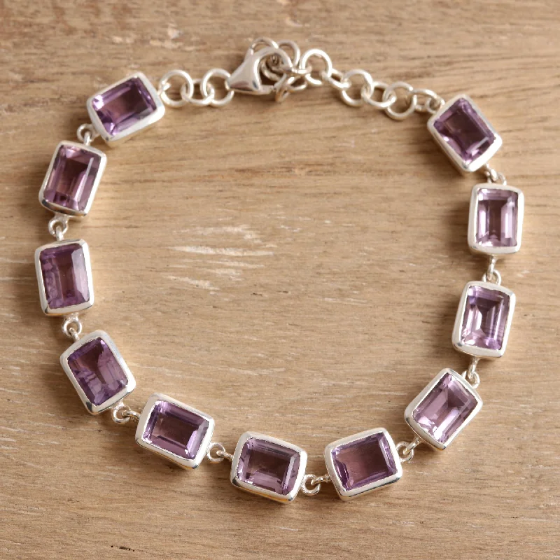 Women’s men’s style bangles-Royal Rectangles Rectangular Amethyst Link Bracelet from India