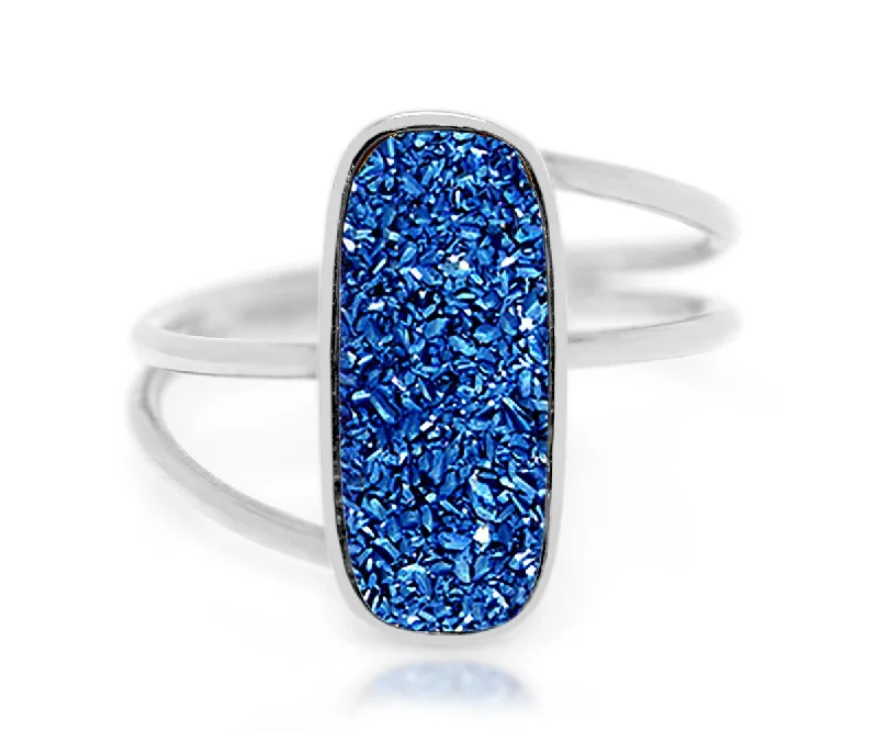 Women’s gold solitaire rings-Double Twist Rectangle Blue Druzy Ring