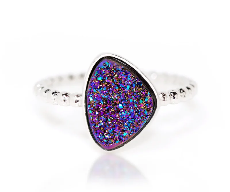 Women’s stackable rings-Trillion Purple Rainbow Druzy Ring