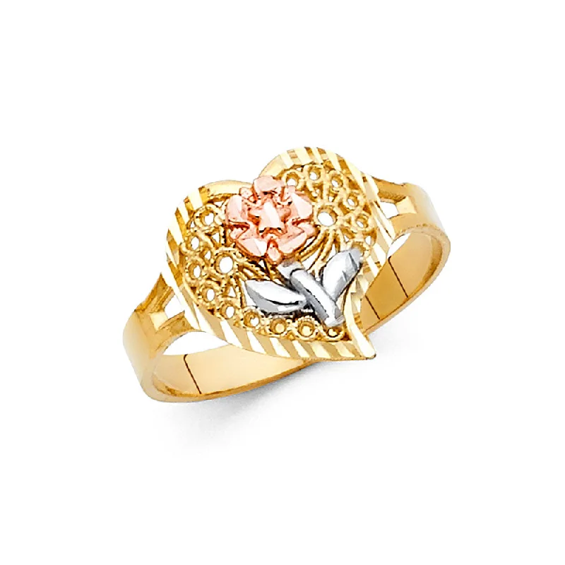 Women’s diamond solitaire rings-14K Solid Gold Fancy Heart and Flower Ring