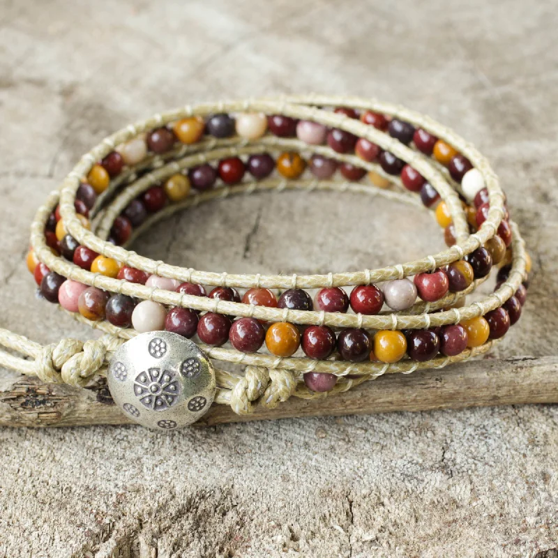 Women’s gold bracelets-Lotus Feast Hand Made Leather and Jasper Wrap Bracelet