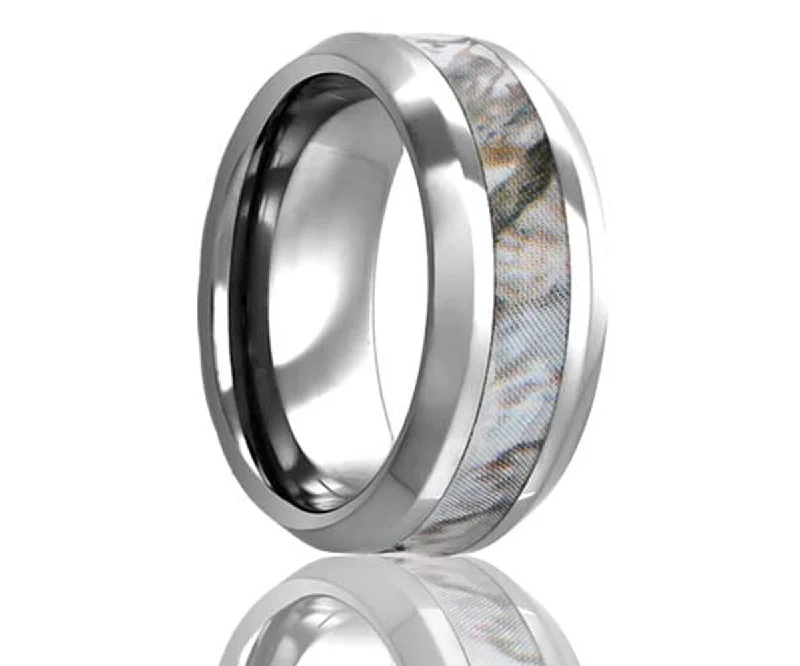 Women’s ruby engagement rings-Beveled Edge Snow Shadow Camo Tungsten Ring