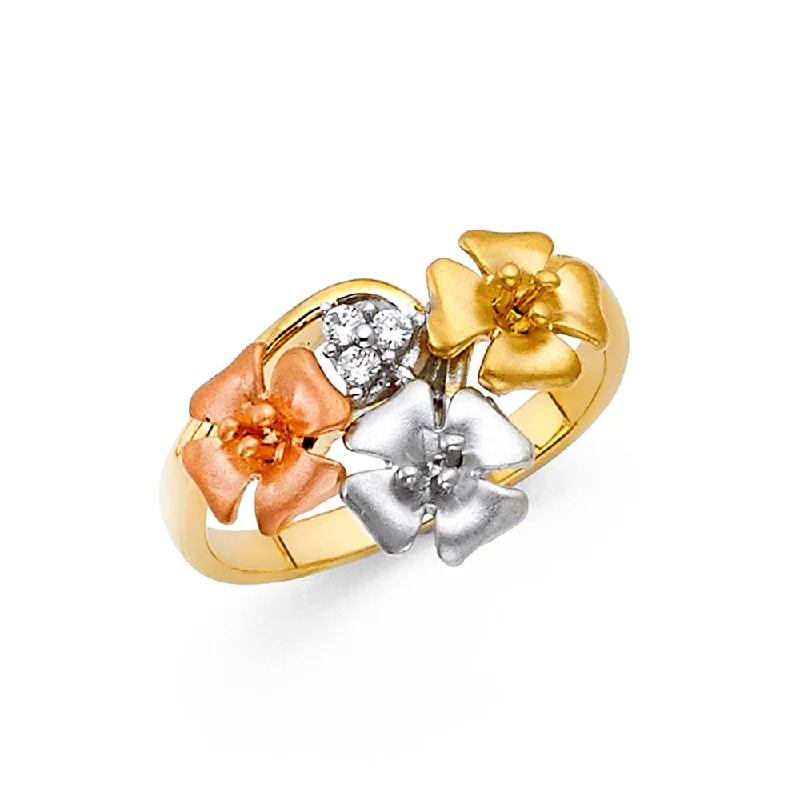 Women’s vintage-inspired rings-14K Solid Gold CZ Fancy Tri Flower Ring