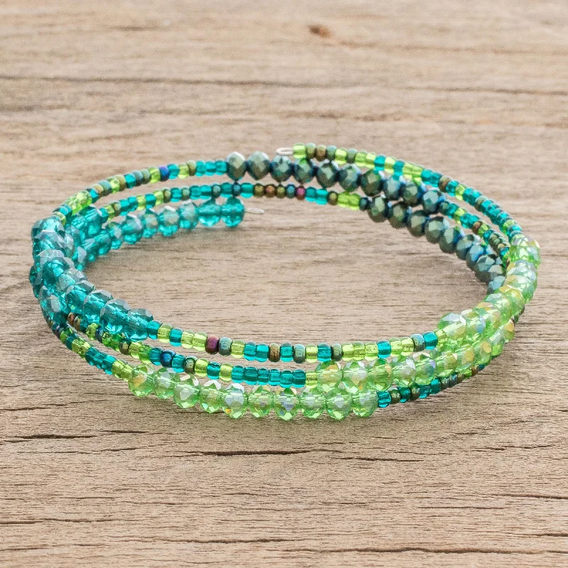 Women’s braided leather bracelets-Ocean Siren Glass and Crystal Beaded Wrap Bracelet in Green