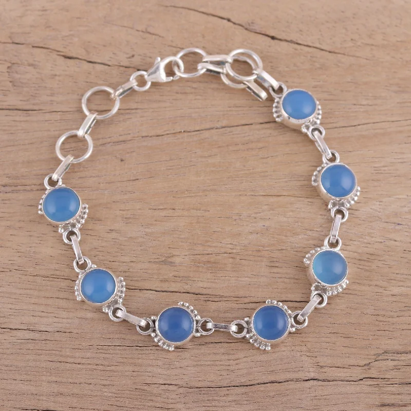 Women’s oval bangles-Charming Orbs Chalcedony and Sterling Silver Link Bracelet from India