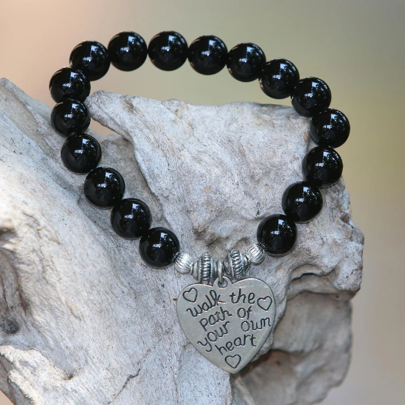 Women’s wrap bracelets-Path of Love Onyx and 925 Silver Beaded Heart Stretch Bracelet from Bali