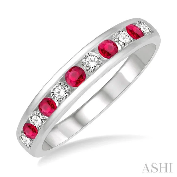 Women’s romantic engagement rings-1/4 ctw Round Cut Diamond and 2.3MM Ruby Precious Wedding Band in 14K White Gold