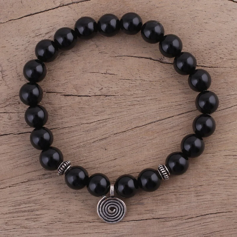 Women’s moonstone bracelets-Midnight Swirl Onyx and Silver Beaded Stretch Bracelet from India