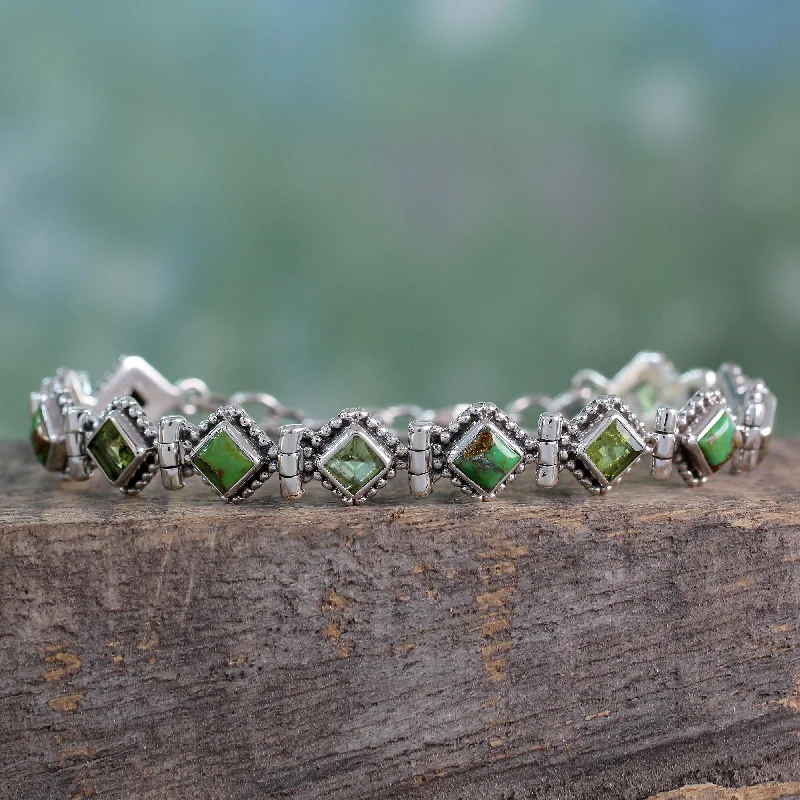 Women’s bangles with gemstones-Bollywood Forest Peridot Turquoise & Silver Bracelet