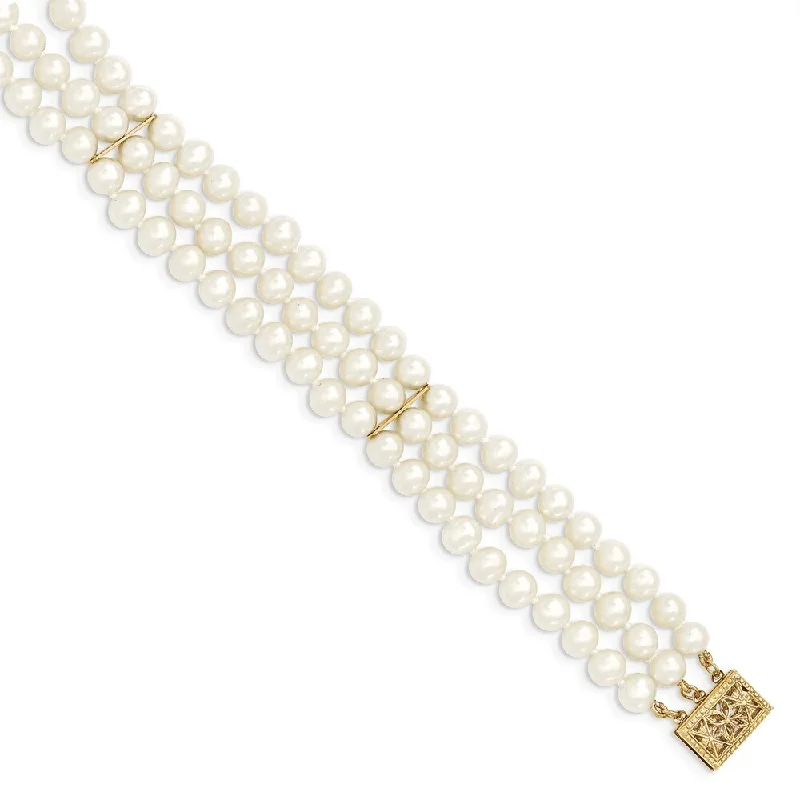 Women’s elegant bangles-14k Yellow Gold 5-6mm White Near Round Freshwater Cultured Pearl 3-strand Bracelet, 7.5"