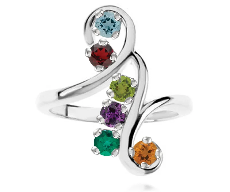 Women’s chunky gemstone rings-Curls and Swirls Mothers Birthstone Family Silver Ring