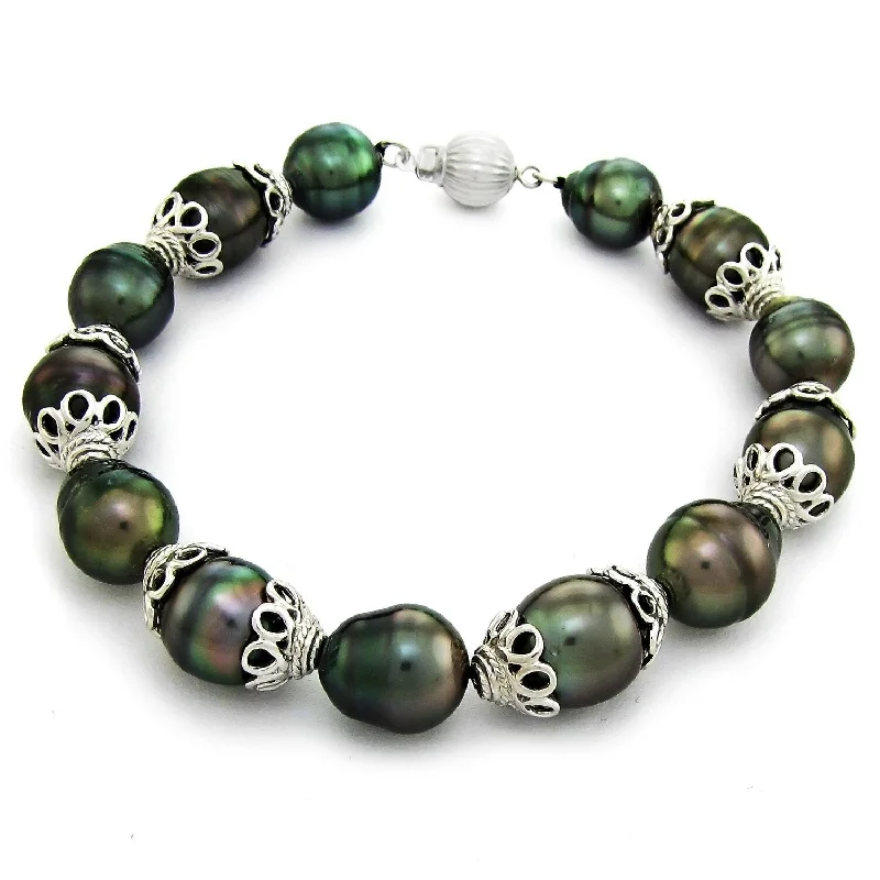 Women’s textured bangles-DaVonna Sterling Silver Cup 9-11mm Black Baroque Tahitian Pearl Bracelet