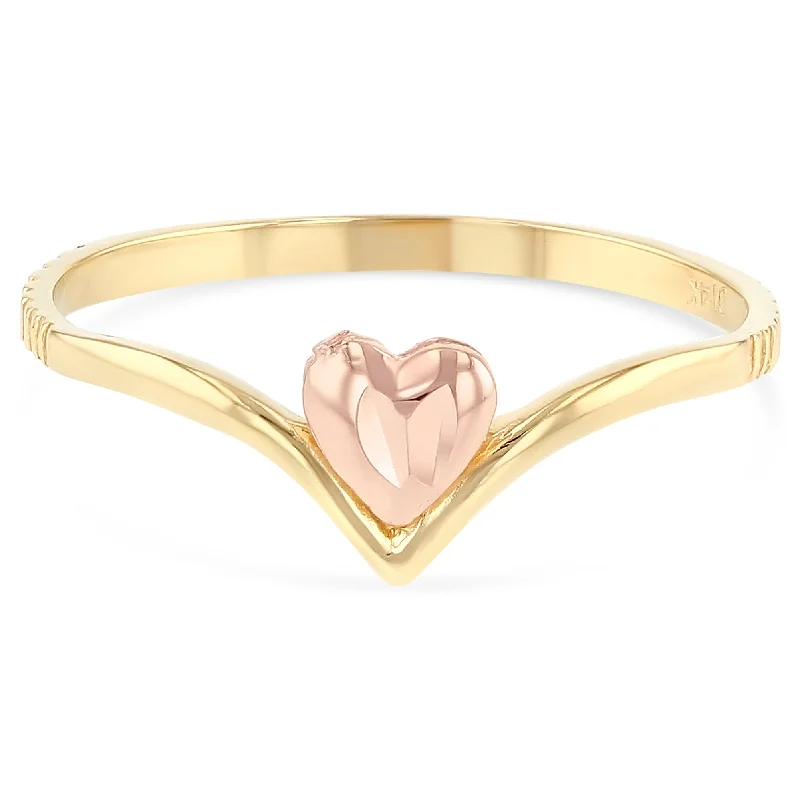 Women’s adjustable wedding bands-14K Solid Gold Fancy Heart V Shaped Ring