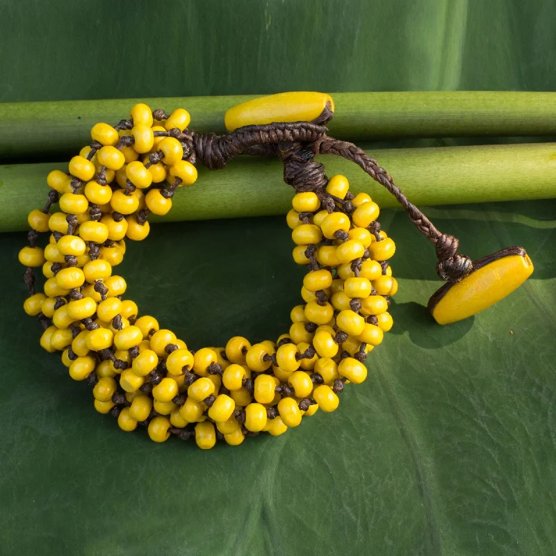 Women’s stacked bracelets-Phrae Belle Wood Beaded Jewelry Yellow Torsade Bracelet