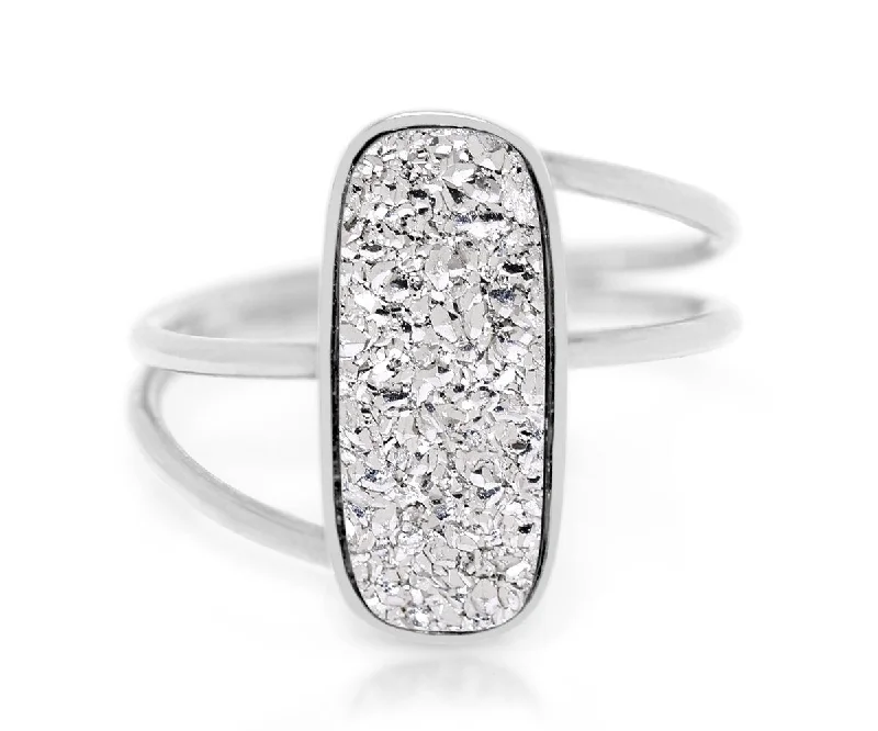 Women’s engraved rings-Double Twist Rectangle Platinum Druzy Ring