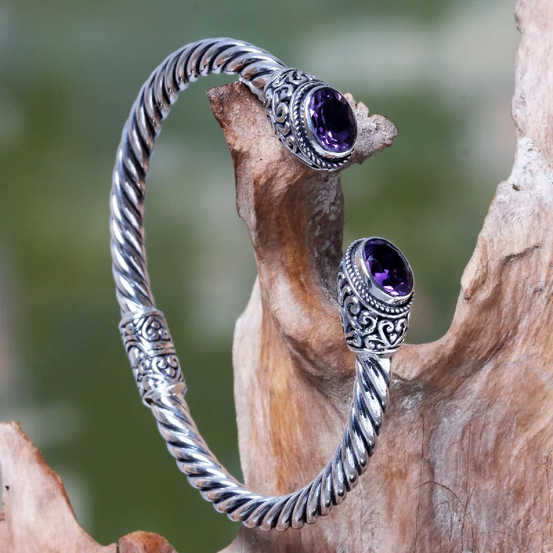 Women’s chunky bracelets-Bali Splendor Bali Jewelry Sterling Silver Cuff Bracelet with Amethyst