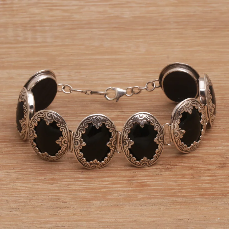 Women’s gold-plated bangles-Garden Shrine Link Bracelet with Sterling Silver and Black Onyx