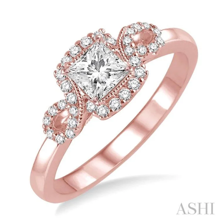 Women’s engraved engagement rings-3/8 Ctw Diamond Engagement Ring with 1/5 Ct Princess Cut Center Stone in 14K Rose Gold