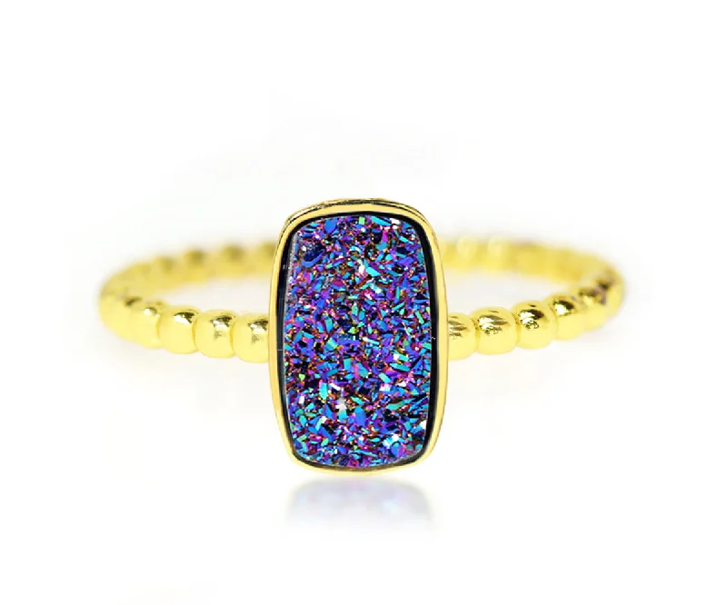 Women’s titanium rings-Vertical Rectangle Purple Rainbow Druzy Gold Ring