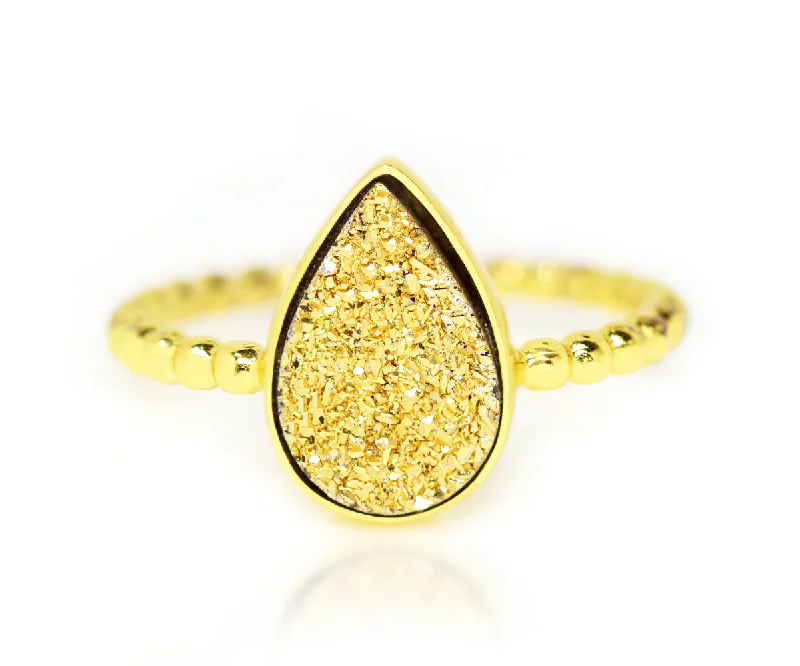 Women’s adjustable gemstone rings-Teardrop 18k Gold Druzy Gold Vermeil Ring