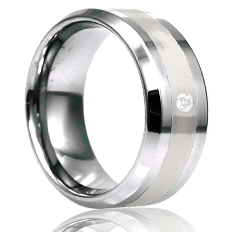 Women’s antique rings-Men's Beveled Edge Tungsten Ring With Platinum Inlay And One Stone