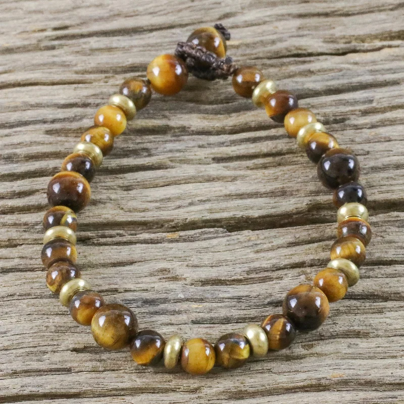 Women’s beaded bracelets-Courageous Eye Hand Crafted Bead Bracelet of Tiger's Eye and Brass