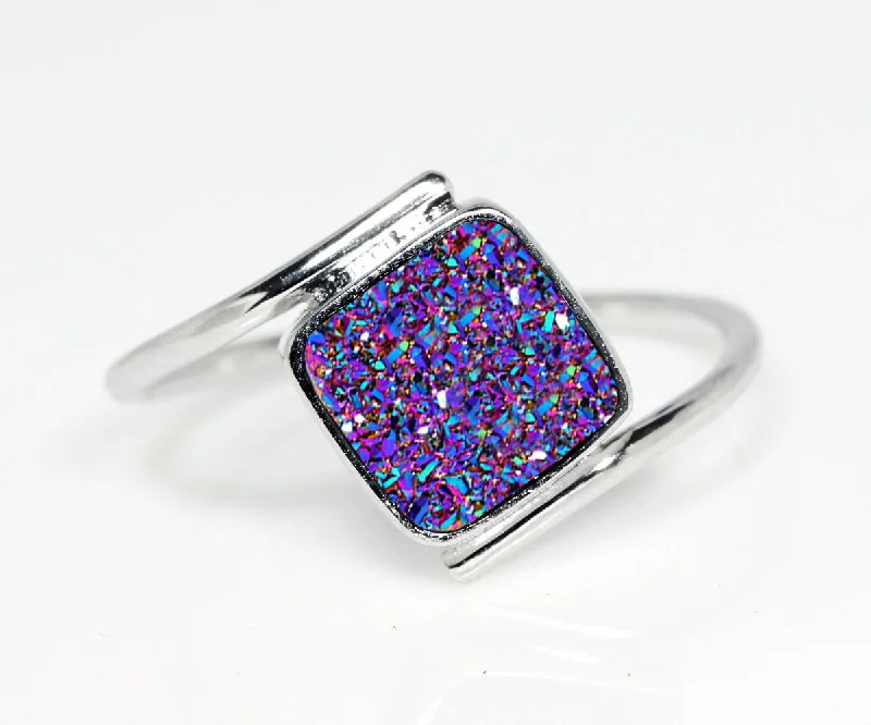 Women’s promise rings-Bypass Square Purple Rainbow Druzy Ring