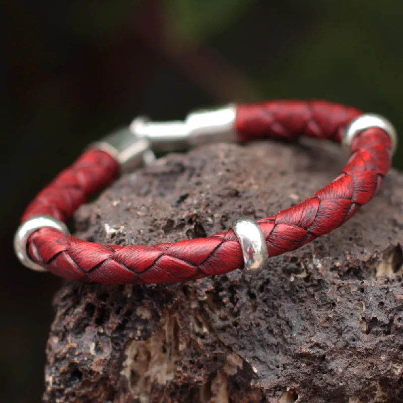 Women’s artistic bangles-Bold Red Handmade Men's Leather Braided Bracelet with Sterling Silver