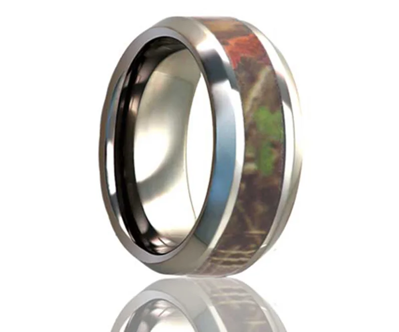 Women’s platinum rings-Beveled Edge Timber Leaf Camo Titanium Ring