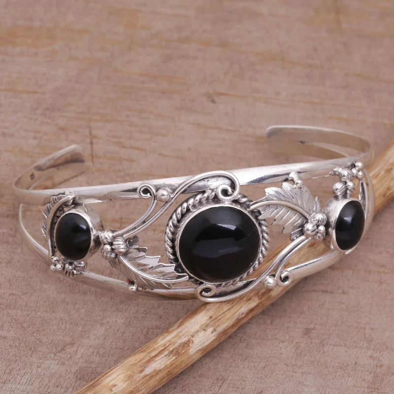 Women’s large bangles-Night Leaves Onyx and Sterling Silver Leafy Cuff Bracelet from Bali