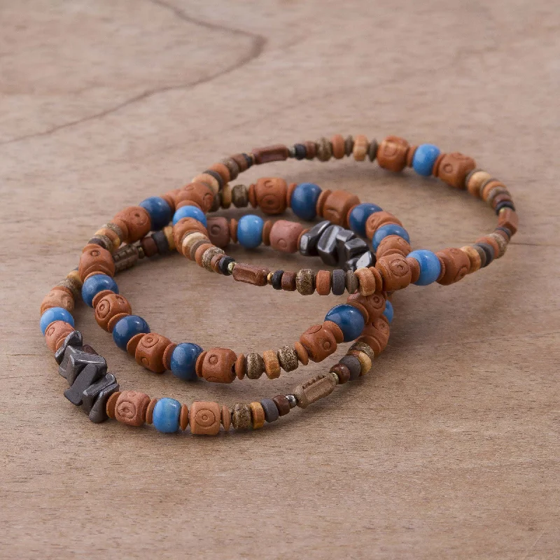 Women’s intertwined bracelets-Andean Eyes Three Hematite and Ceramic Beaded Bracelets in Earth Tones