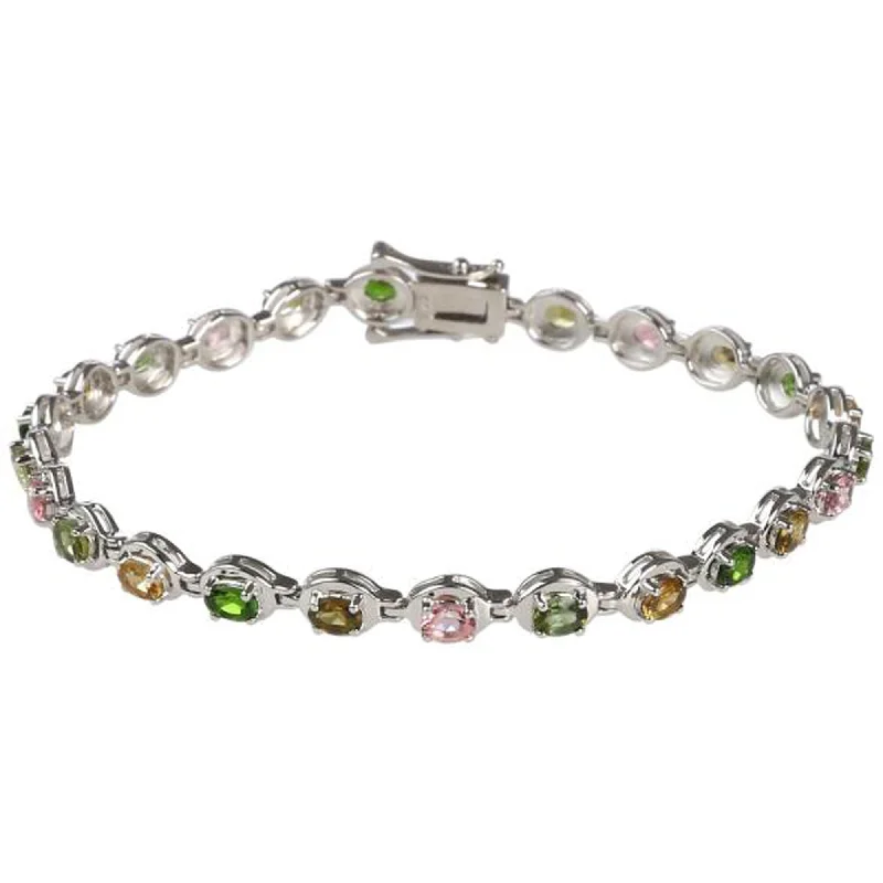 Women’s luxury charm bracelets-925 Sterling Silver Multi Color Tourmaline Tennis Bracelet