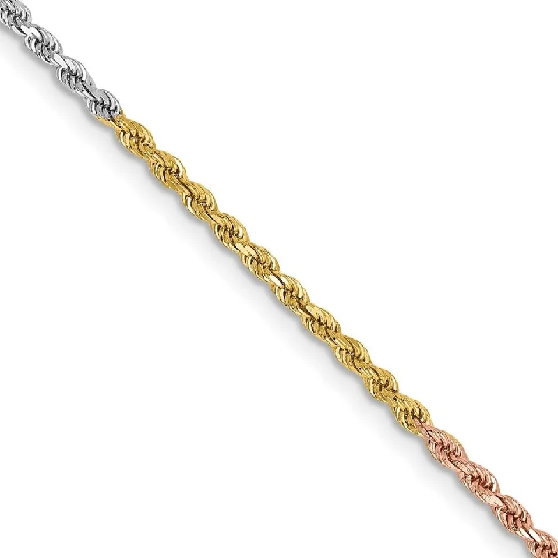 Women’s simple bracelets-Curata 14k Tri Color Solid Gold 1.8mm Sparkle Cut Rope Chain Bracelet Lobster Claw