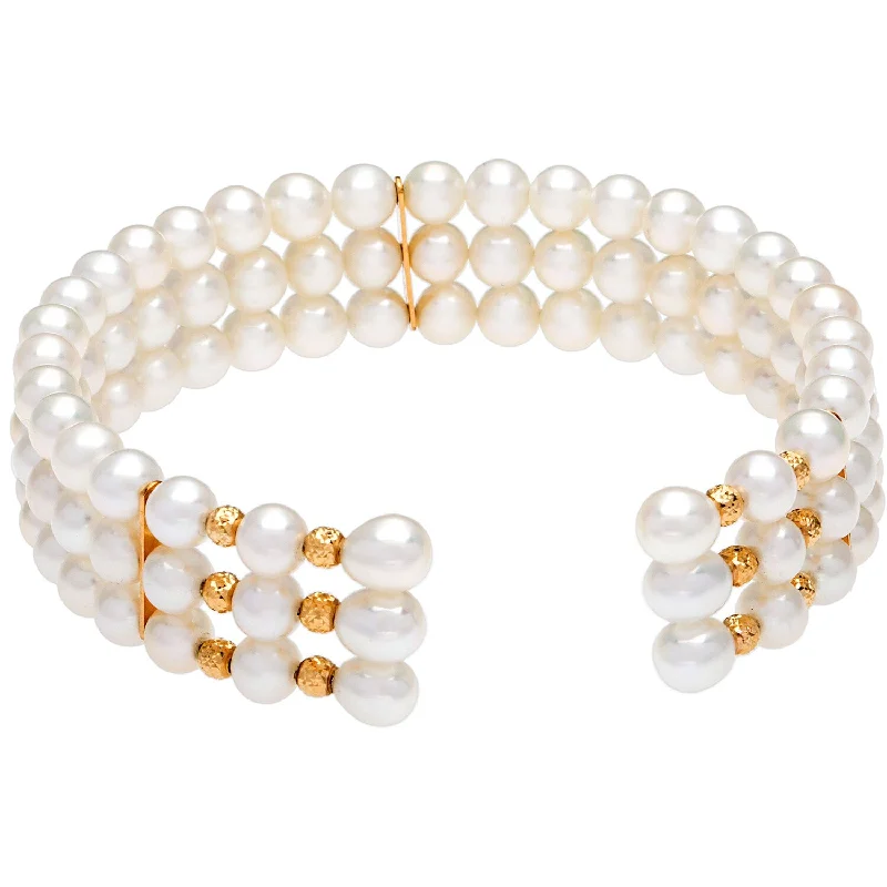 Women’s adjustable bracelets-DaVonna 14k Yellow Gold White Freshwater Pearl 3-row Cuff Bracelet