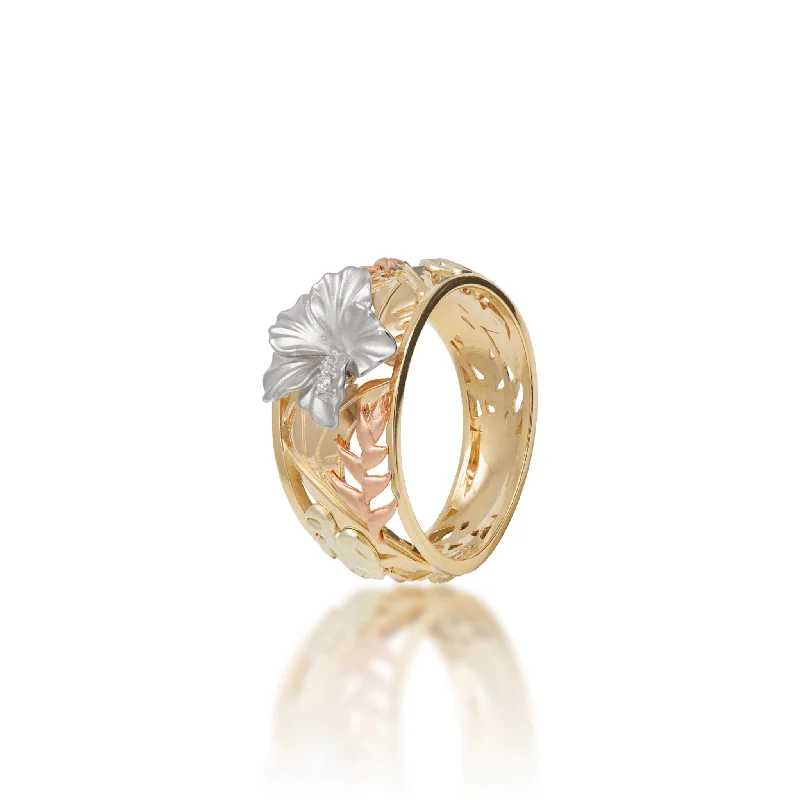 Women’s princess cut engagement rings-Hawaiian Gardens Hibiscus Ring in Four Tone Gold with Diamonds - 12mm