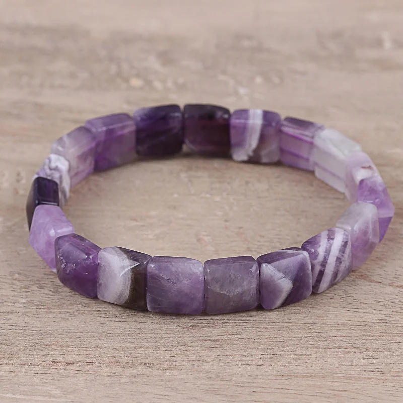 Women’s braided leather bracelets-Divine Purple Handmade Purple and White Agate Beaded Stretch Bracelet