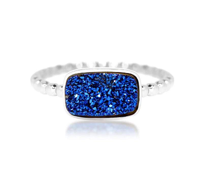 Women’s wedding rings-Horizontal Rectangle Sapphire Blue Druzy Ring