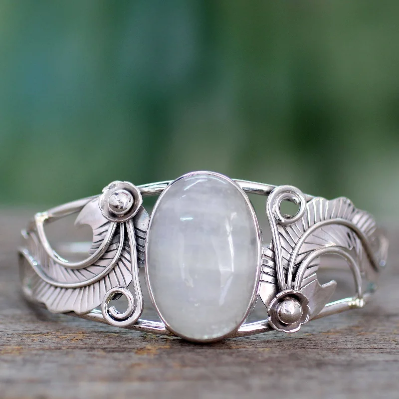 Women’s minimalist bracelets-Rainbow Moonstone & Sterling Silver Floral Cuff Bracelet