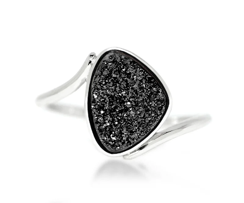 Women’s personalized birthstone rings-Bypass Trillion Black Druzy Ring