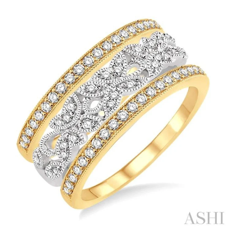 Women’s engagement rings with vintage cuts-1/2 Ctw Round Cut Diamond Triple Band Set in 14K White and Yellow Gold