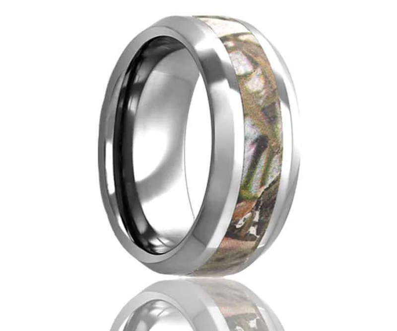 Women’s large statement rings-Beveled Edge Desert Camo Tungsten Ring