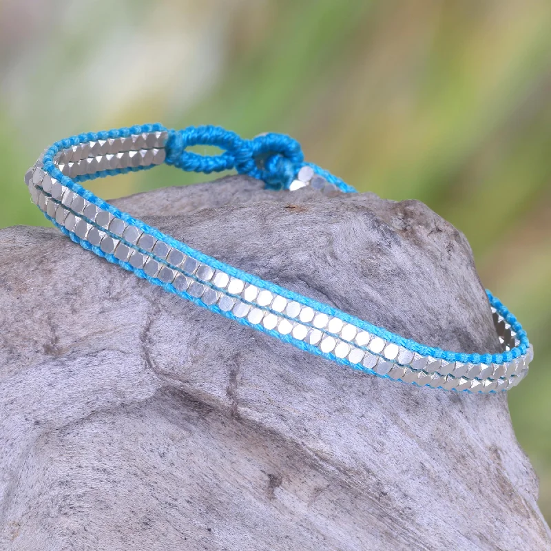 Women’s fashion bangles-Shimmering Path in Turquoise Artisan Crafted Turquoise Beaded Sterling Silver Bracelet