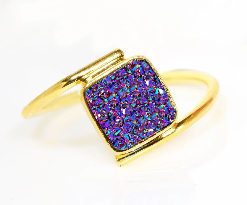 Women’s cocktail rings-Bypass Square Purple Rainbow Druzy 14k Ring