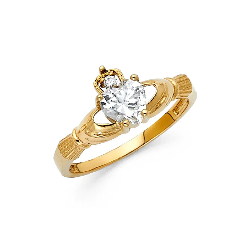 Women’s stackable diamond rings-14K Solid Gold Heart Shaped CZ Claddagh Ring